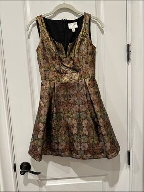 Moulinette Soeurs Metallic Floral Fit-and-Flare Dress in Gold and Green